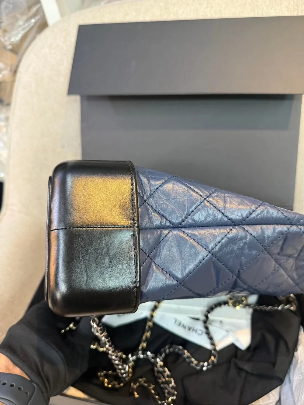 CHANEL Navy Quilted Leather Drawstring Shoulder Bag with Black Base Medium